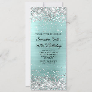 Silver Glitter Pale Turquoise Foil 50th Birthday Invitation