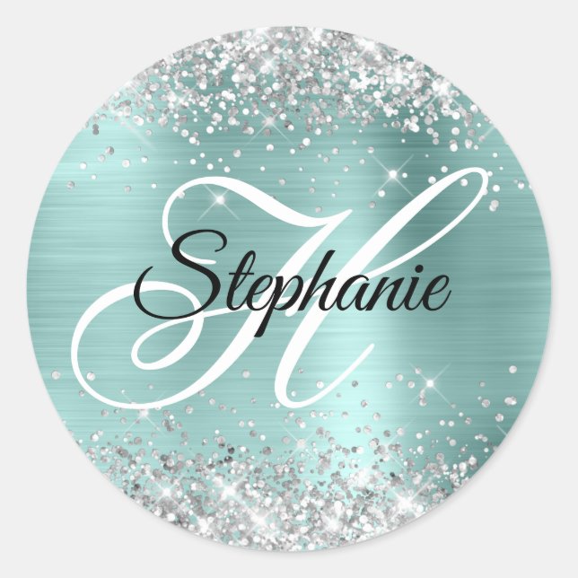 Silver Glitter Pale Turquoise Foil Fancy Monogram Classic Round Sticker (Front)