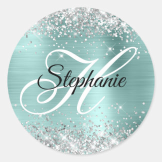 Silver Glitter Pale Turquoise Foil Fancy Monogram Classic Round Sticker