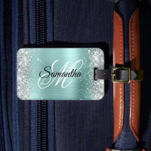 Silver Glitter Pale Turquoise Foil Fancy Monogram Luggage Tag