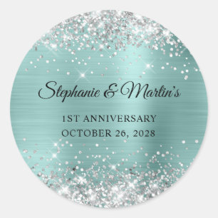Silver Glitter Pale Turquoise Wedding Anniversary Classic Round Sticker