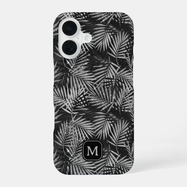 Silver Glitter Palm Tree Black Modern Monogram iPhone 16 Case (Back)