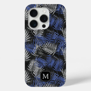 Silver Glitter Palm Tree Blue Modern Monogram iPhone 15 Pro Case