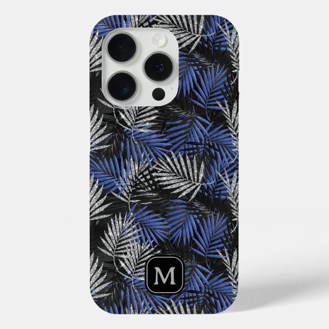 Silver Glitter Palm Tree Blue Modern Monogram Case-Mate iPhone Case (Back)