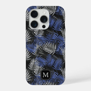 Silver Glitter Palm Tree Blue Modern Monogram iPhone 15 Pro Case