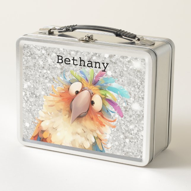 Silver Glitter Parrot Child's Lunch Box (Front)