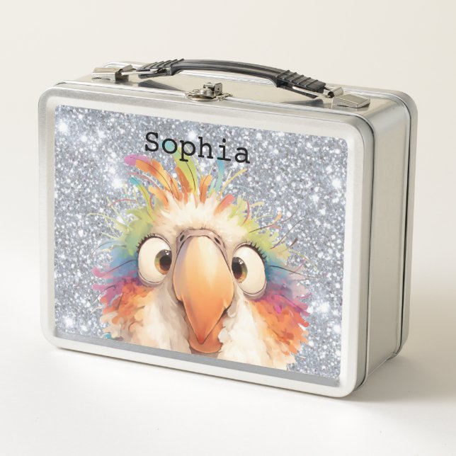 Silver Glitter Parrot Child's Lunch Box (Front)