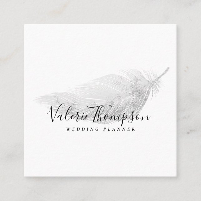 Silver glitter pastel grey feather modern elegant square business card (Front)