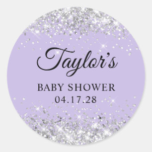Silver Glitter Pastel Purple Baby Shower Classic Round Sticker