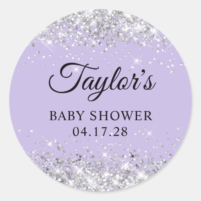 Silver Glitter Pastel Purple Baby Shower Classic Round Sticker (Front)