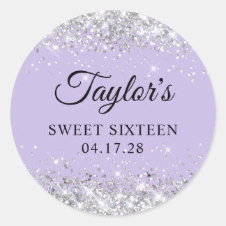 Silver Glitter Pastel Purple Sweet Sixteen Classic Round Sticker