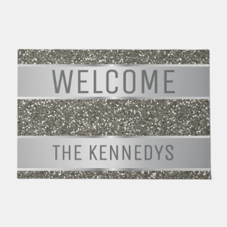 Silver Glitter Pattern Family Name Welcome Doormat