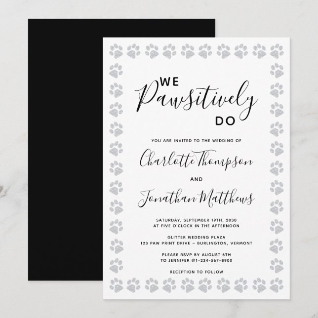 Silver Glitter Paw Prints Wedding Invitation (Front/Back)