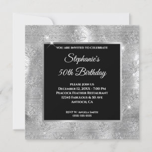Silver Glitter Peacock Feather Glam Birthday Invitation