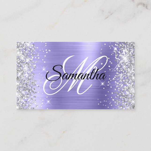 Silver Glitter Periwinkle Foil Fancy Monogram Business Card (Front)