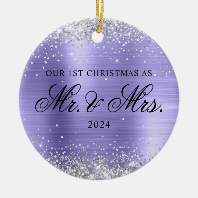 Silver Glitter Periwinkle Foil Our 1st Christmas Ceramic Tree Decoration (Front)