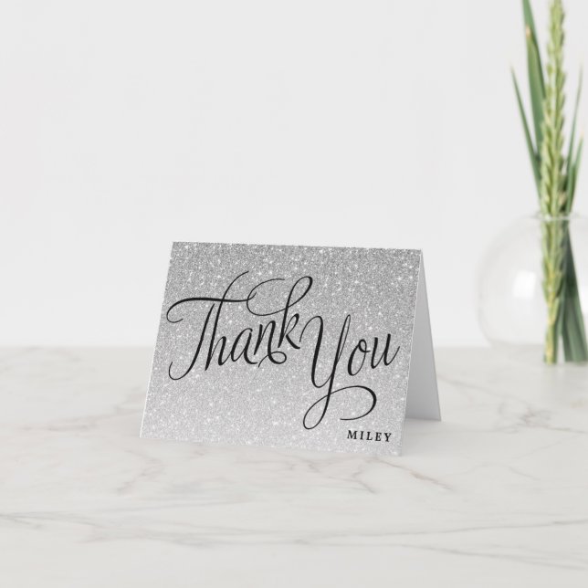 Silver Glitter Personalised Fancy Script Thank You Card (Front)