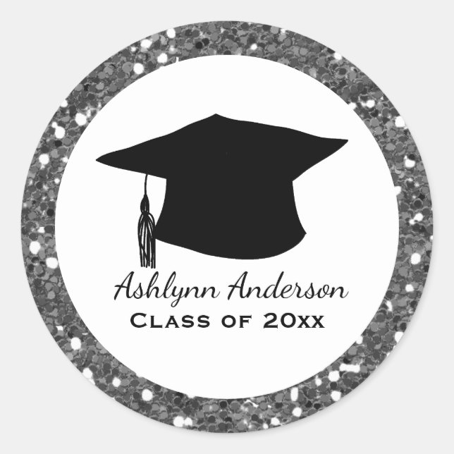 Silver Glitter Personalised Graduation Classic Round Sticker (Front)