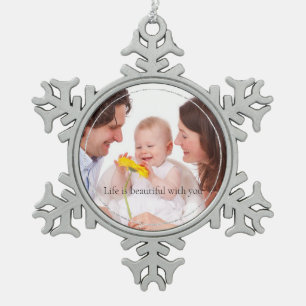 Silver Glitter Personalised Photo and Quote Snowflake Pewter Christmas Ornament