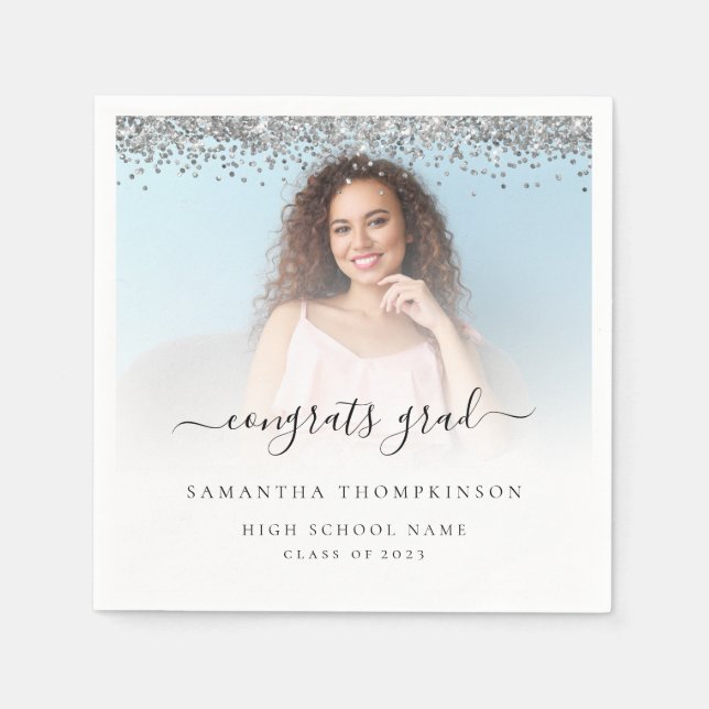 Silver Glitter Photo 2024 Congrats Graduation  Napkin (Front)