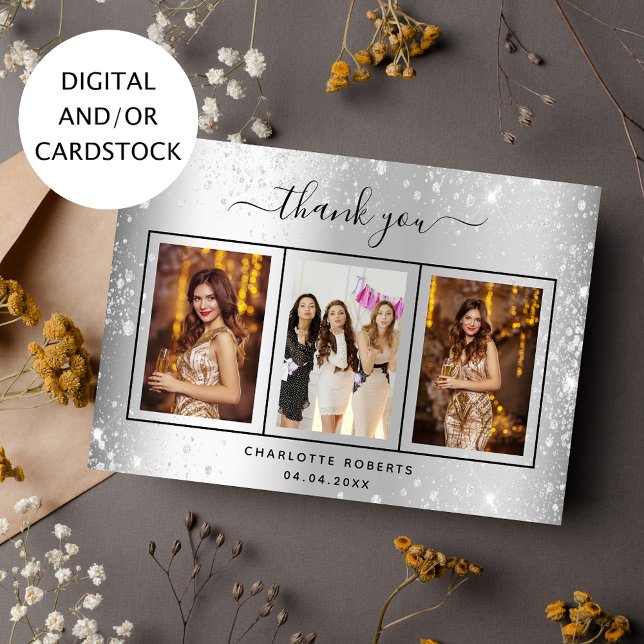 Silver glitter photo birthday thank you card (Creator Uploaded)