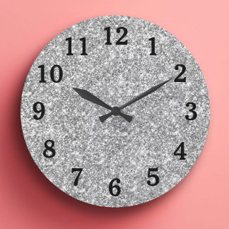 Silver Glitter Photo Black Numbers Large Clock