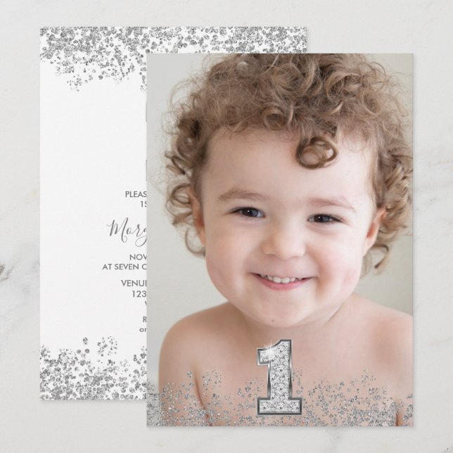 Silver Glitter Photo Boys Girls 1st Birthday Party Invitation (Front/Back)