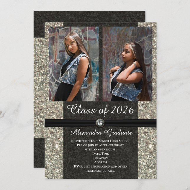 Silver Glitter Photo Class of 2021 Graduation Invitation (Front/Back)