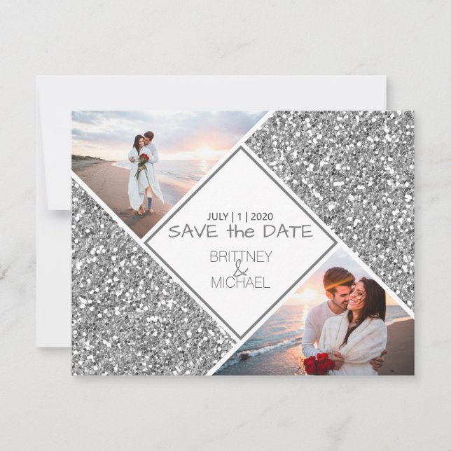 Silver Glitter Photo Collage Announcement (Front)