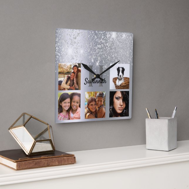 Silver glitter photo collage glamourous name square wall clock (Office)