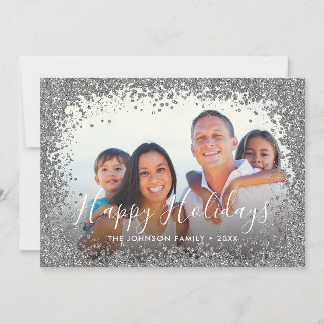 Silver Glitter Photo Frame Holiday Card (Front)