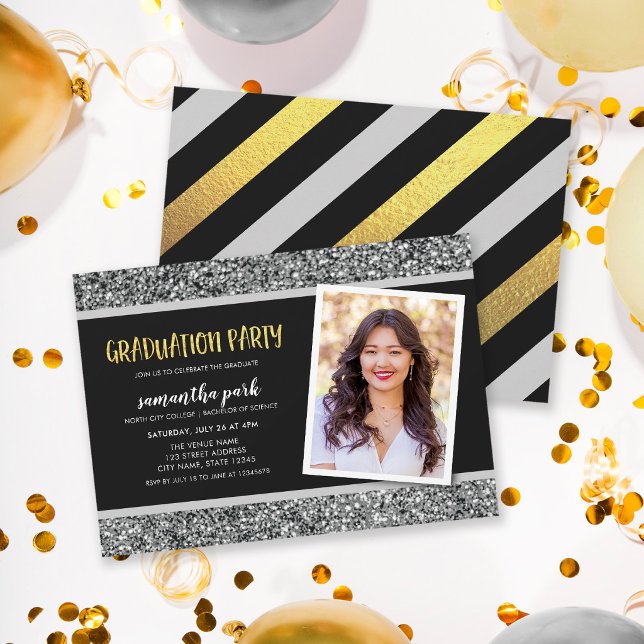 Silver Glitter Photo Graduation Party Invitation (Creator Uploaded)