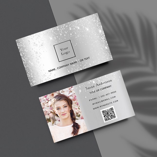 Silver glitter photo logo elegant QR code Business Card (Creator Uploaded)