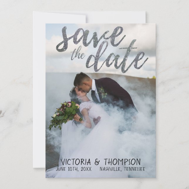 Silver Glitter Photo Mountains Save the Date (Front)