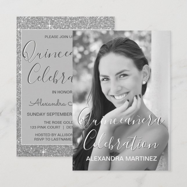 Silver Glitter Photo - Quinceanera Celebration Invitation (Front/Back)