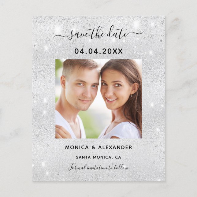 Silver glitter photo wedding Save the Date card (Front)