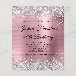 Silver Glitter Pink 40th Birthday Budget Invite