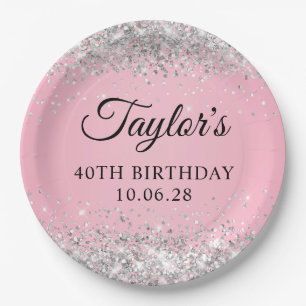 Silver Glitter Pink 40th Birthday Paper Plate
