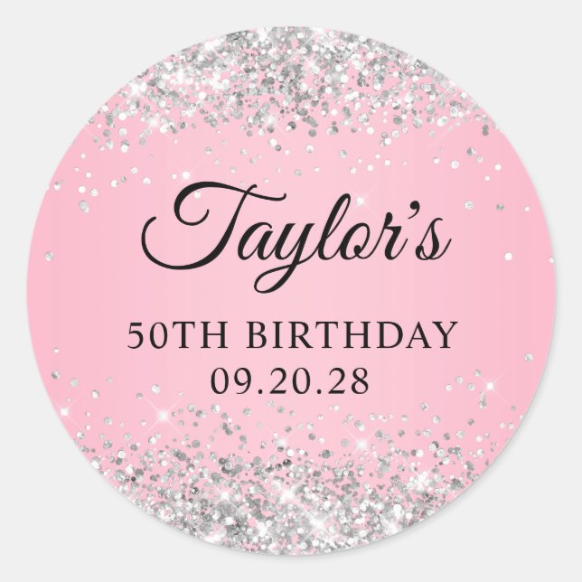 Silver Glitter Pink 50th Birthday Classic Round Sticker (Front)