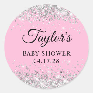 Silver Glitter Pink Baby Shower Classic Round Sticker