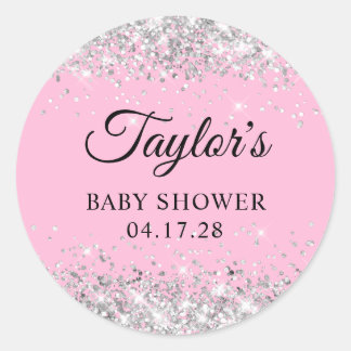 Silver Glitter Pink Baby Shower Classic Round Sticker