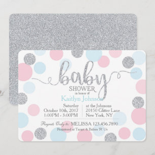 Silver Glitter Pink Blue Scatter Dots Baby Shower Invitation
