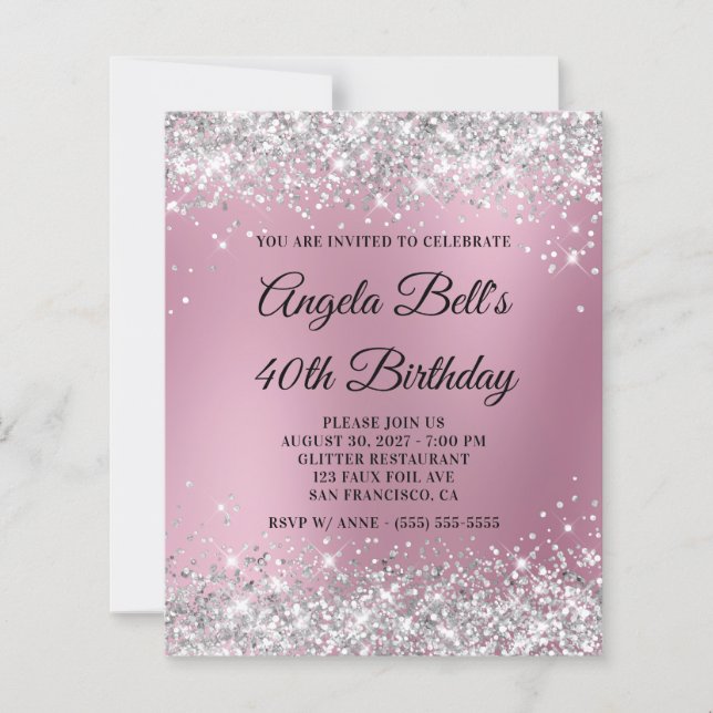 Silver Glitter Pink Blur 40th Birthday Invite (Front)