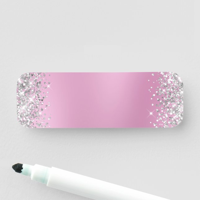 Silver Glitter Pink Blur Blank Name Tag (In Situ)