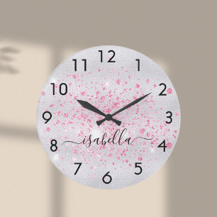 Silver glitter pink dust metal name script large clock