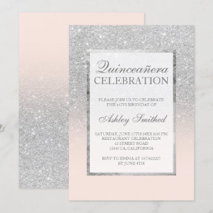 Silver glitter pink elegant chic Quinceañera Invitation