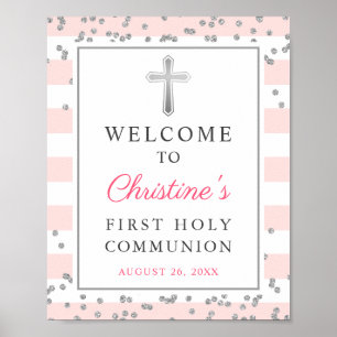 Silver Glitter Pink First Communion Welcome Sign