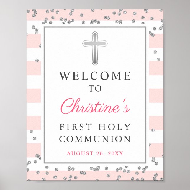 Silver Glitter Pink First Communion Welcome Sign (Front)