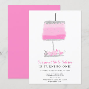 Silver glitter pink floral cake first birthday invitation