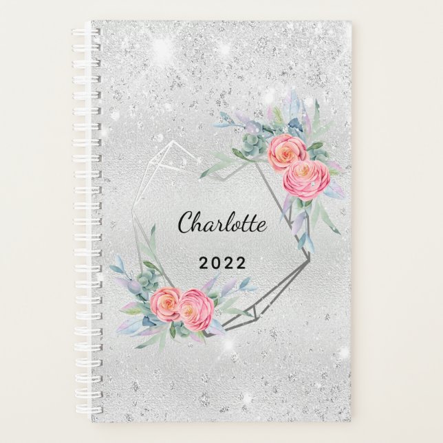 Silver glitter pink florals monogram 2026 planner (Front)
